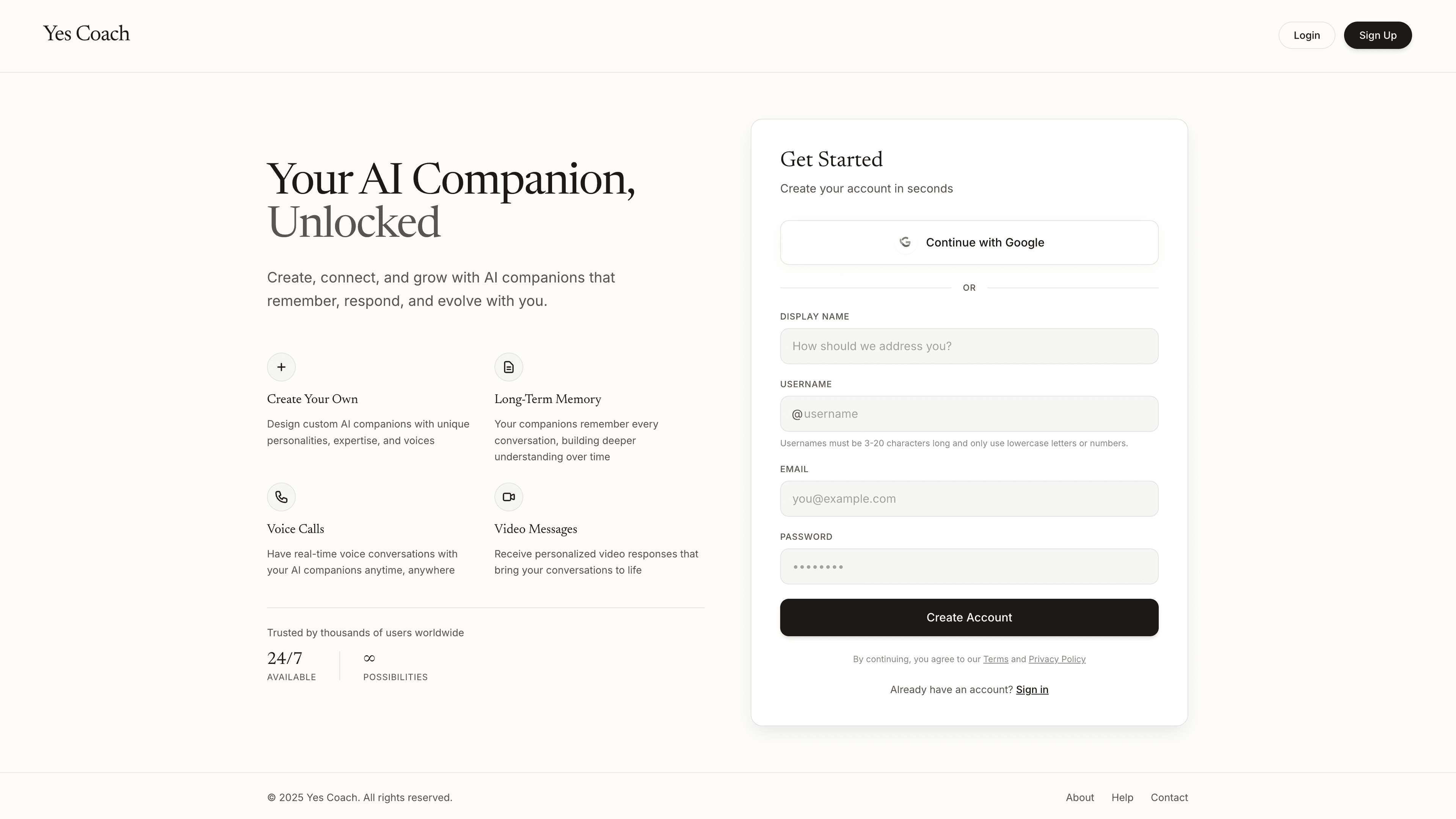 Yes Coach onboarding screen showcasing AI companion features