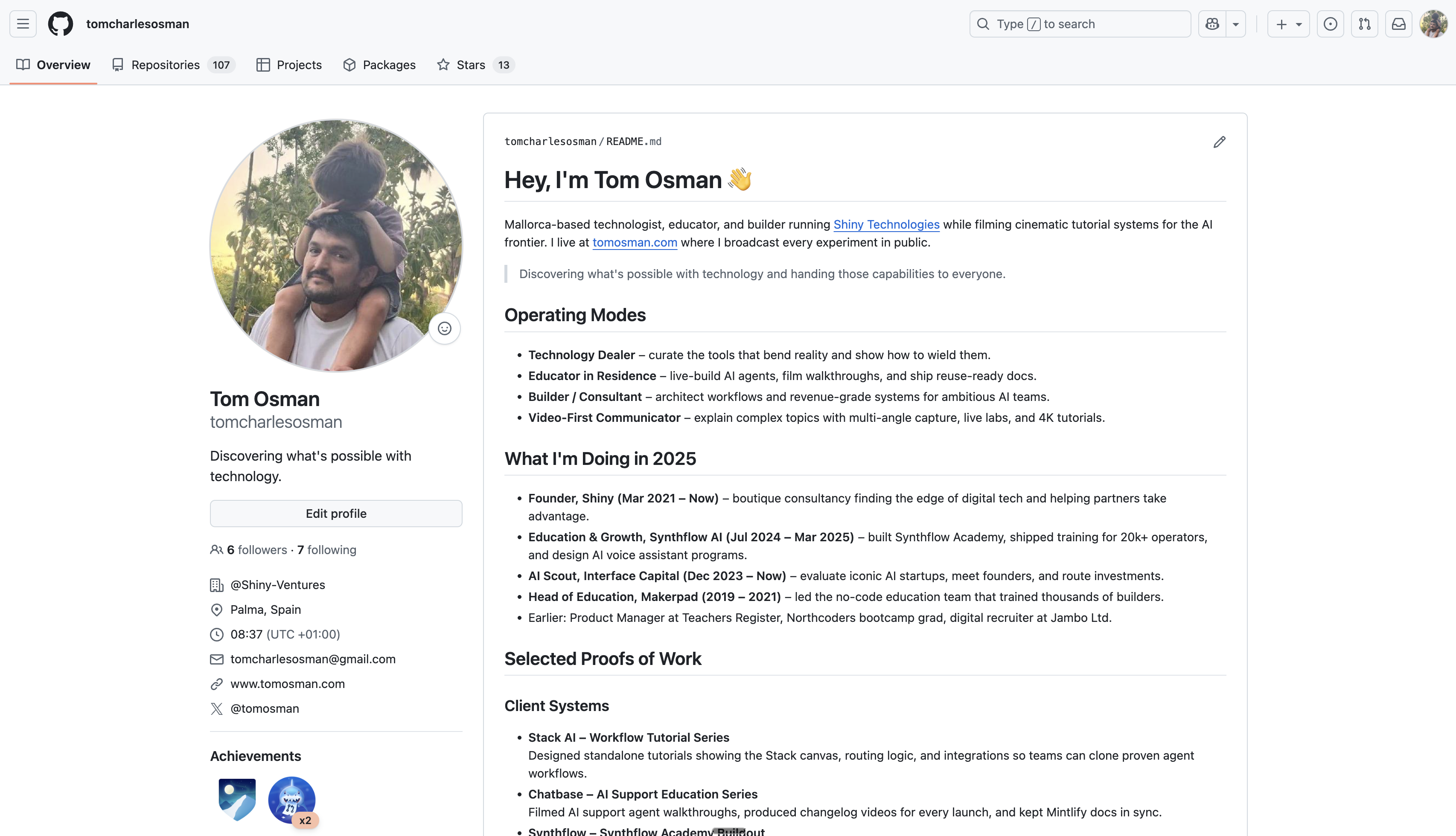 Screenshot of my GitHub profile README showing the hero, operating modes, and proofs of work.